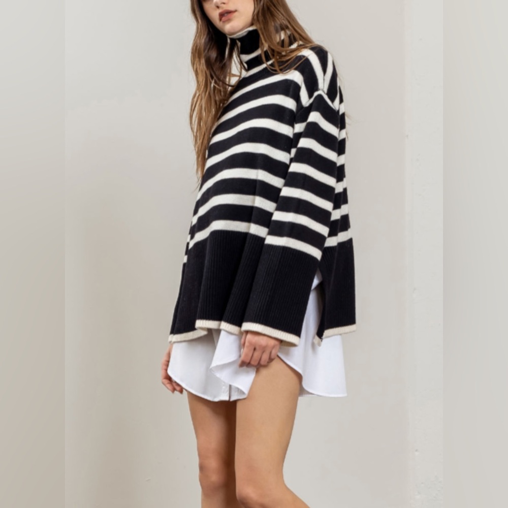 Tuckernuck Moon River Black Striped Turtleneck Sweater Top Size S Wool Blend